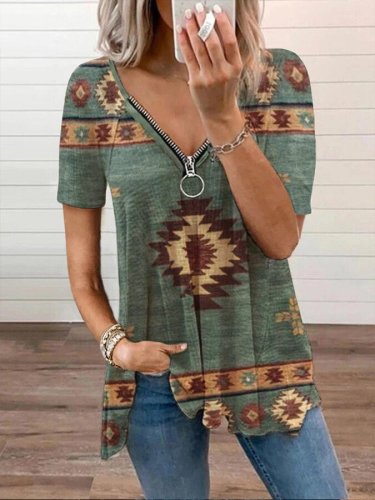 Women's Vintage Aztec Print Zip V-Neck T-Shirt.