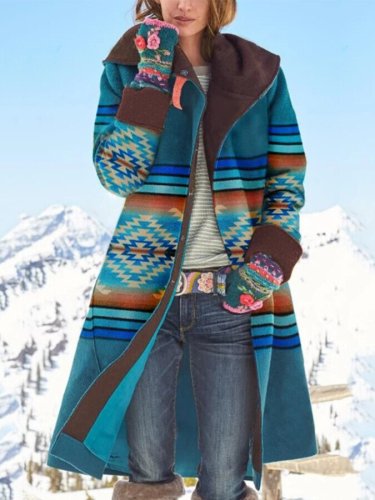Women's retro ethnic print woolen coat.