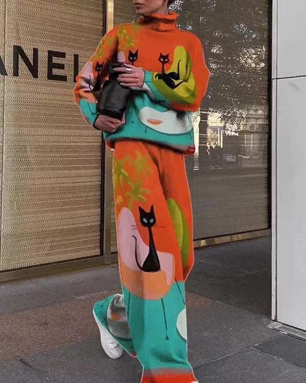 Women's  Casual High-neck Printed Trousers Suit S-3XL