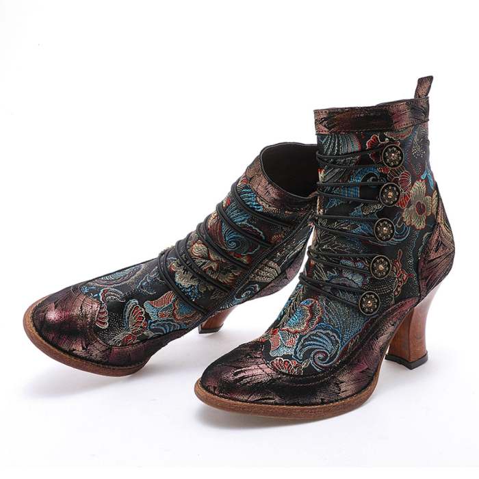 Handmade Leather Embroidered High-heel Boots