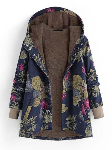 Floral Ethnic Fleece Hoodie Coat Parka Winter Warm Outwear