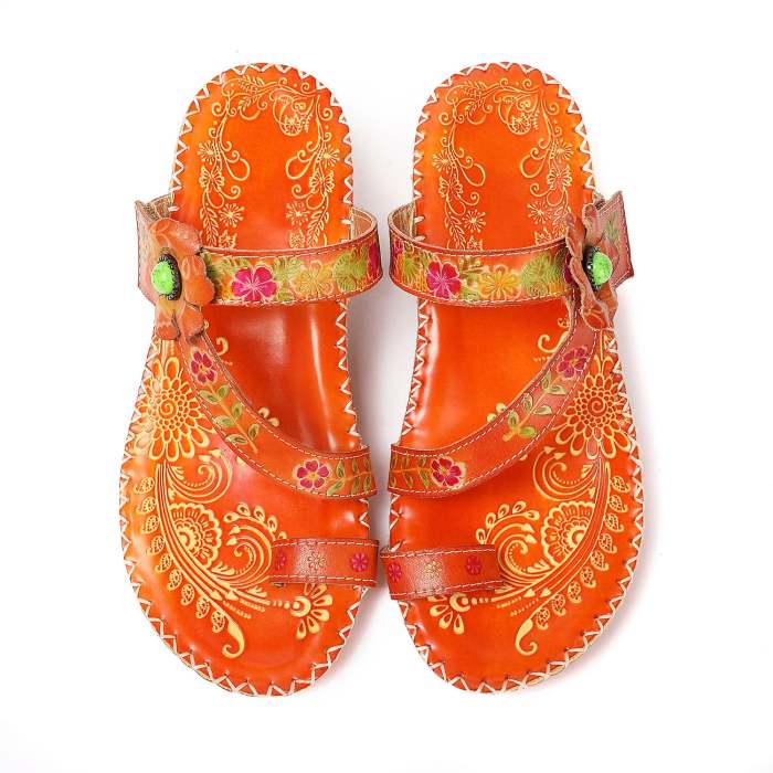 Floral Embossing Stitching Leather Sandals (3 colors)