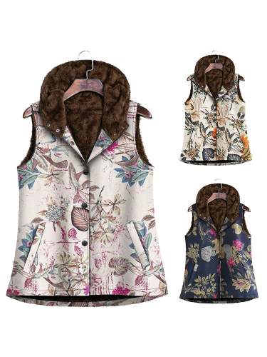 Floral Print Warm Lined Gilet Vest Jacket