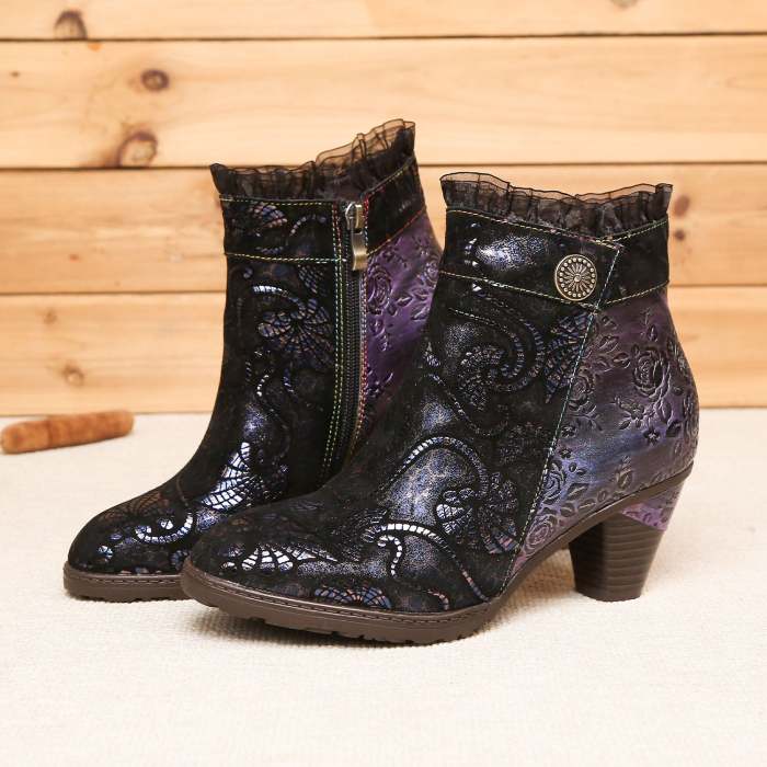 Retro Handmade Lace Floral Stitching Boots