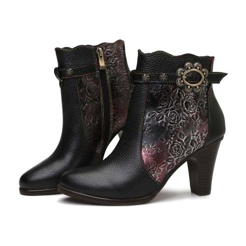 Retro Handmade Embossed Floral Stitching Booties
