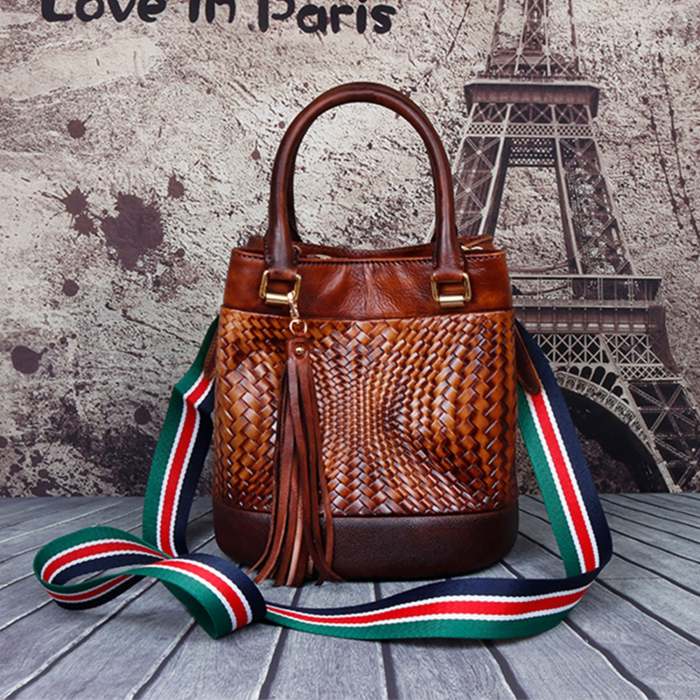 Vintage Leather Fashion Soft Woven Bucket Bag