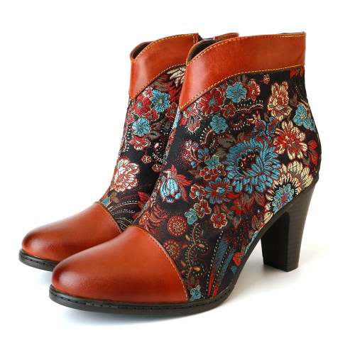 Retro Color Embossed High Heel Boots