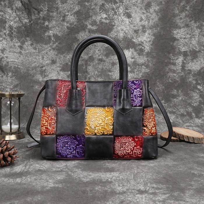 Vintage Embossed Floral Leather Fashion Tote Bag