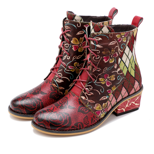 Cowgirl Splicing Pattern Genuine Leather Zipper Boots