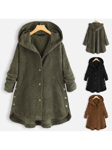 Plus Size Women Fleece Button Pocket Hooded Coat