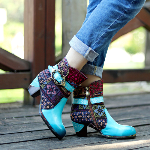 Fashion Casual Leather Hand Jacquard Women's Boots