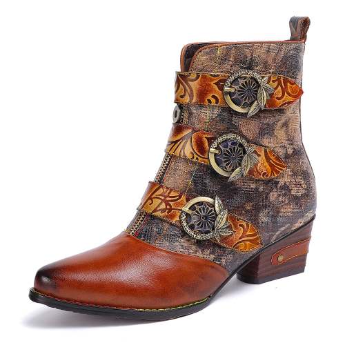 Vintage Embossed Buckle Leather Boots