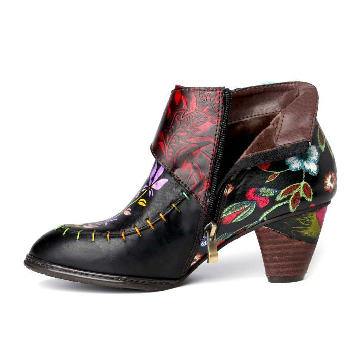 Handmade Painted Flower Genuine Leather Elegant Ankle Boots