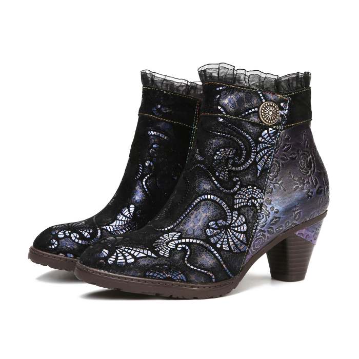 Retro Handmade Lace Floral Stitching Boots