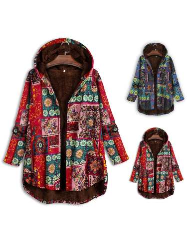 Boho Women Floral Ethnic Fleece Hoodie Coat