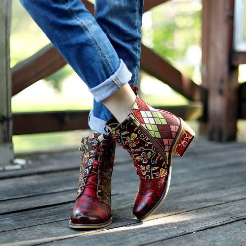 Cowgirl Splicing Pattern Genuine Leather Zipper Boots