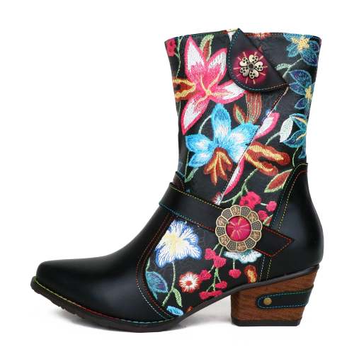 Hand-painted Colorful Floral Genuine Leather Boots