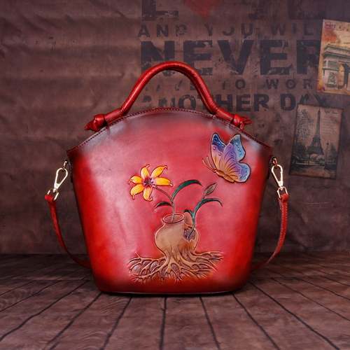 Vintage Embossed Floral Leather Fashion Bucket Bag