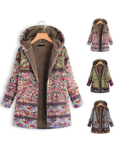 Retro Long-Sleeved Hooded Floral Thick Coat