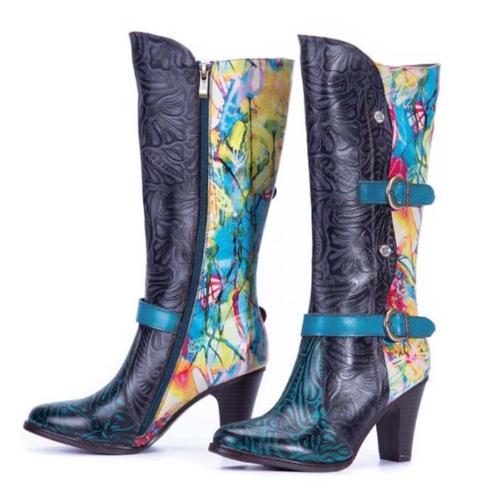 Colorful Stitching Full Mid Calf Boots