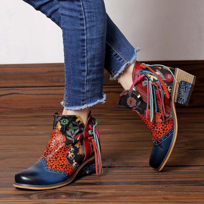 Casual Leather Tassel Jacquard Boots