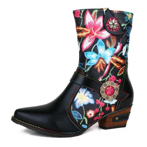 Hand-painted Colorful Floral Genuine Leather Boots