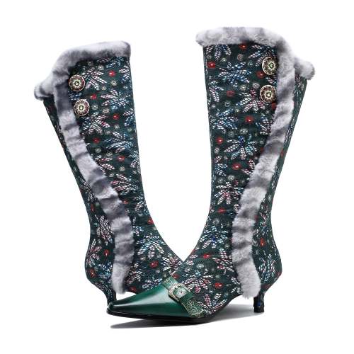 Retro Plush Lace Floral Print High Boots