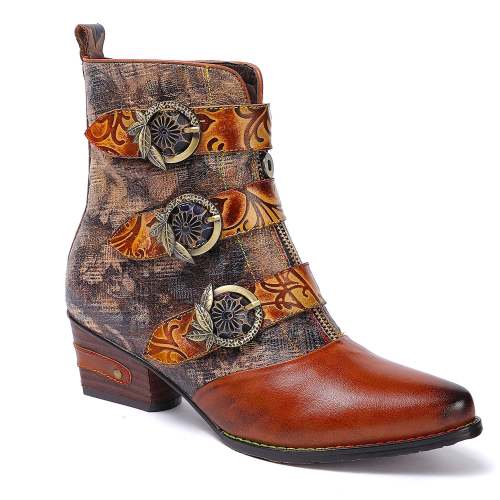 Vintage Embossed Buckle Leather Boots