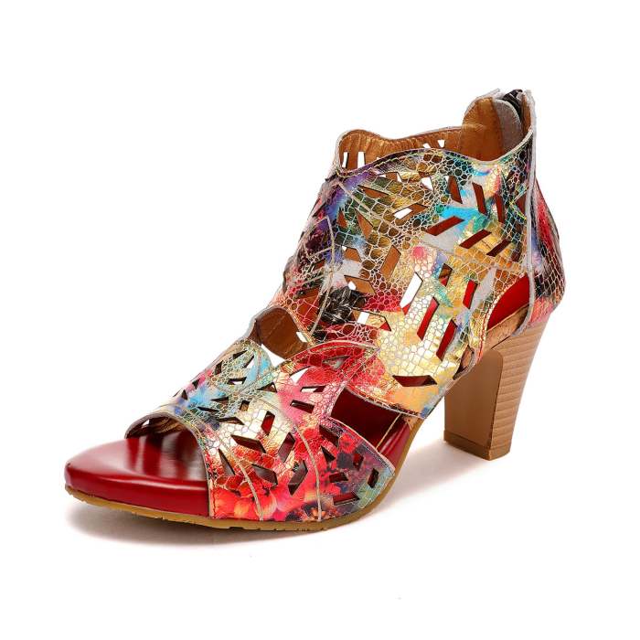 Leather Hollow Printed High-heel Sandals