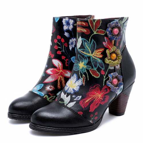 Hand printing Colorful Floral Genuine Leather High Heel Ankle Boots