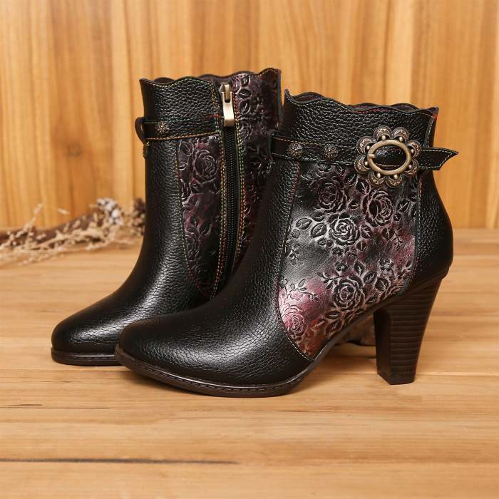 Retro Handmade Embossed Floral Stitching Booties
