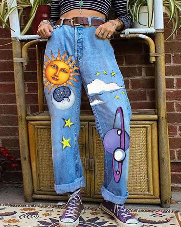 Sun Moon Star Print Hip Hop Loose Jeans