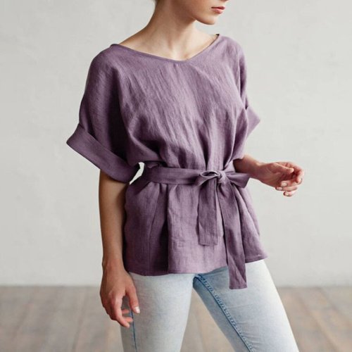 Purple Casual Cotton And Linen Lacing Top