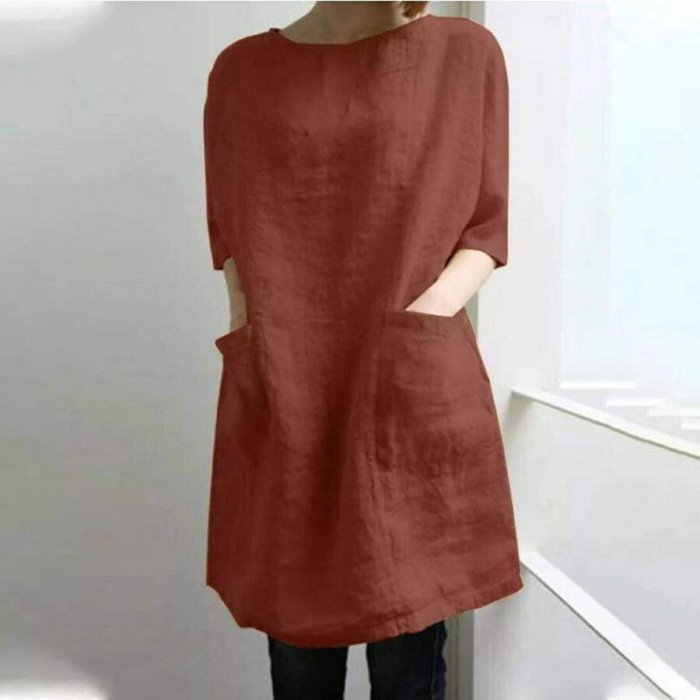 Solid Color Cotton Linen Pocket Mid-Sleeve Dress