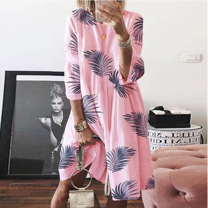 Loose Casual Cotton And Linen Tree Leaf Print Dress