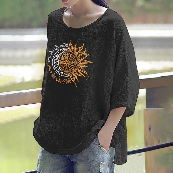 Solid Color Cotton And Linen Sun Moon Print Top