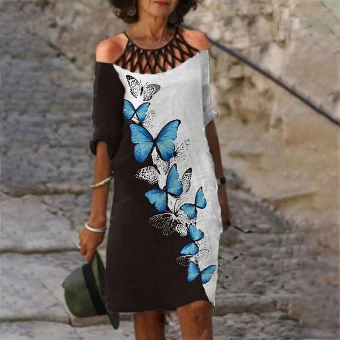Ladies Cutout Off Shoulder Printed Cotton Linen Dress