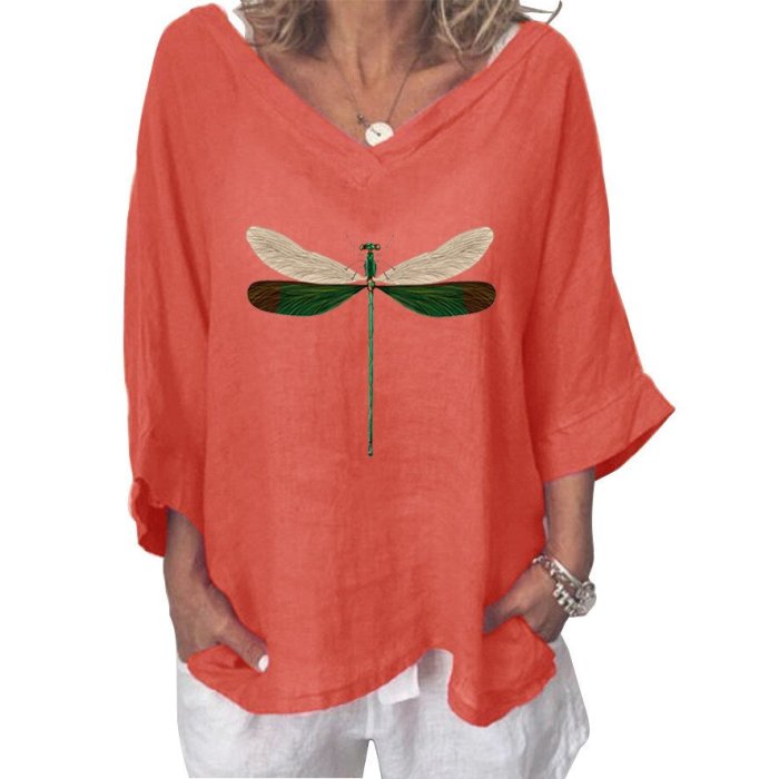 Dragonfly print V-neck three-quarter sleeve cotton and linen loose top