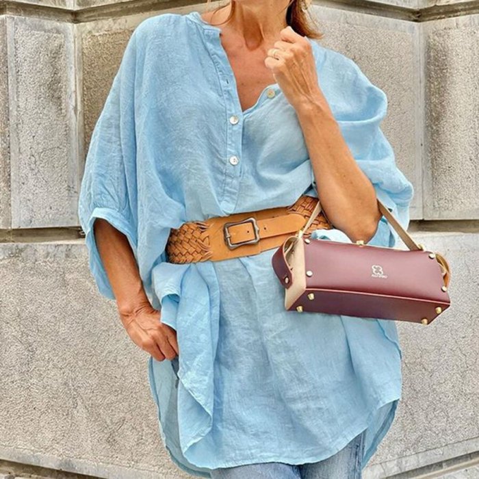 Solid Color  Cotton And Linen Casual Shirt Top