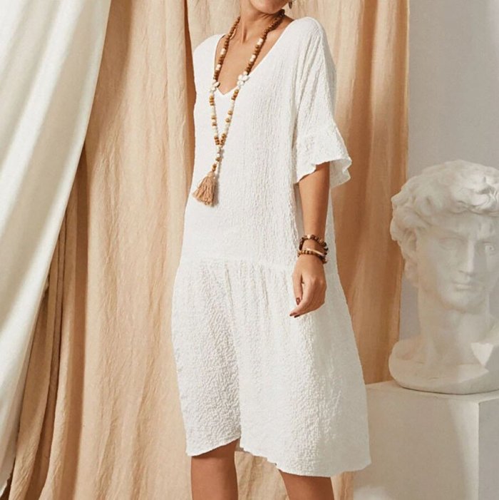 Solid Color Loose Ruffle Sleeve Cotton Linen Dress