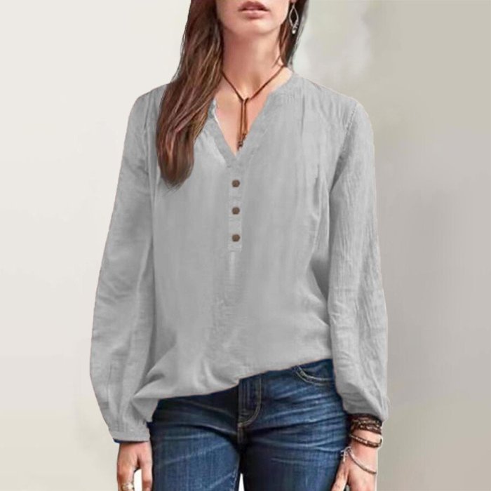 Pure Color Cotton And Linen V-neck Shirt