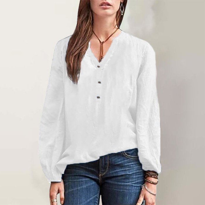 Pure Color Cotton And Linen V-neck Shirt