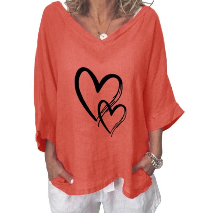 Love printed V-neck three-quarter sleeve cotton and linen loose top