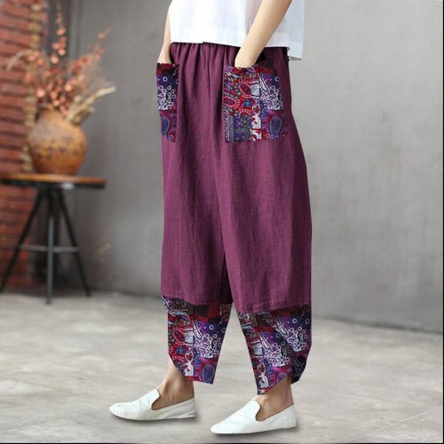 Ladies Stitching Printed Cotton And Linen Wide-Leg Pants Casual Pants