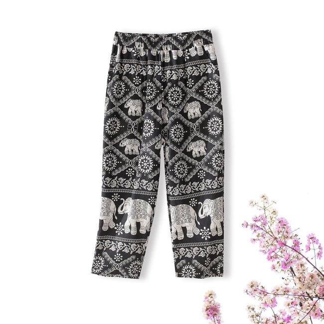 Cotton linen casual printed trousers