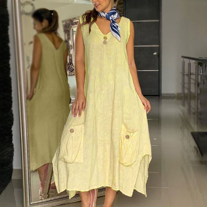 Solid Color Cotton Linen V-Neck Irregular Dress