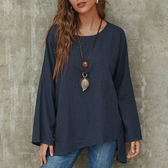 Solid Color Cotton And Linen Loose Irregular Stitching Shirt