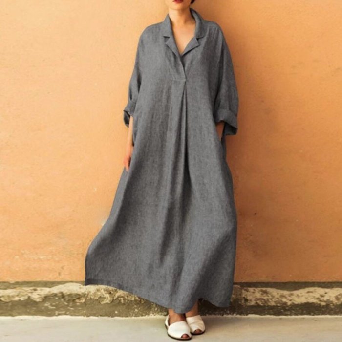 Pure Color Casual Cotton And Linen Long Dress