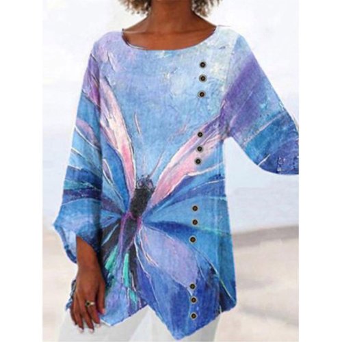 Women's Butterfly Printed Long Sleeve Cotton Hemp Top