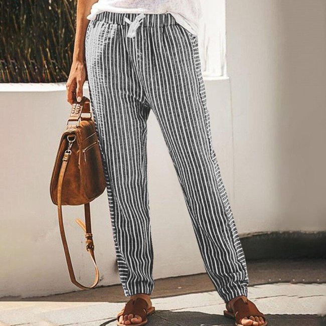 Stripe Lacing Cotton Linen Loose Casual Pants